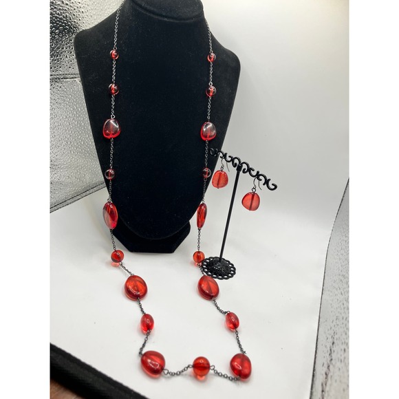 Red Transparent Beaded Gun Metal Gray Chain Necklace & Earrings! - Picture 1 of 14